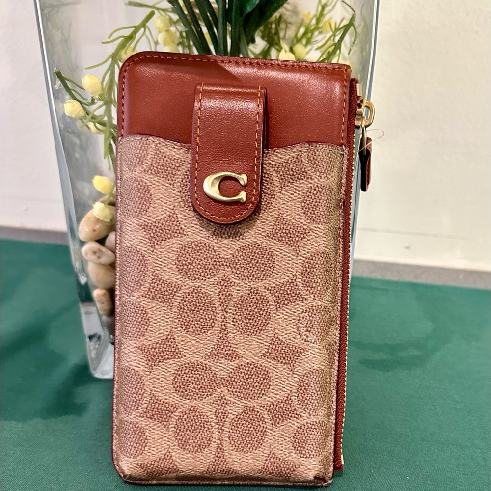 Coach Phone Wallet Signature Canvas Tan Rust